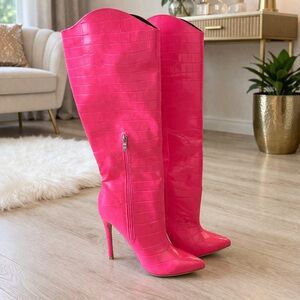 AKIRA Hot Pink Croc-Embossed Over-The-Knee Pointed Toe Stiletto Boots